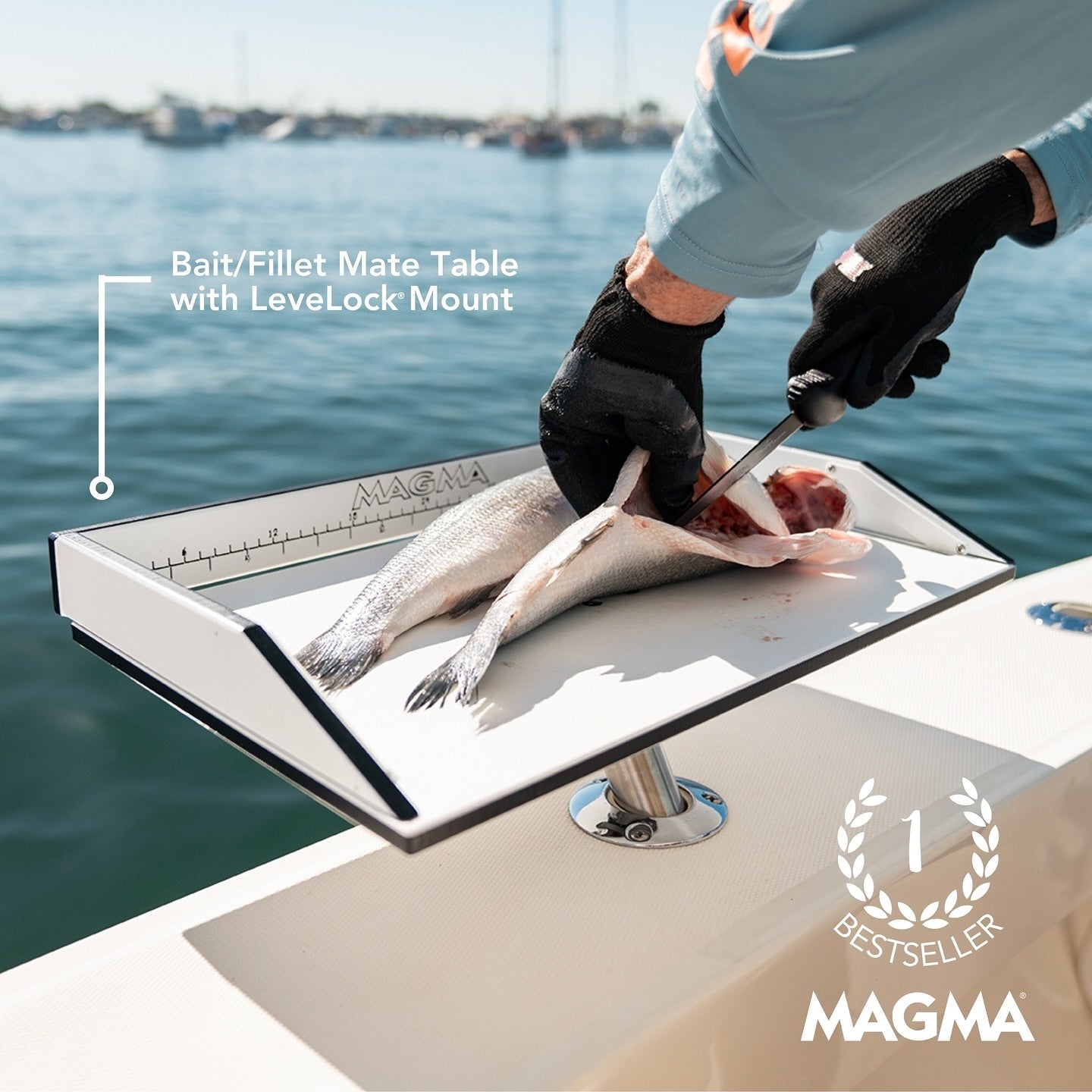 A Person is cutting a fish on a boat using a Magma product.