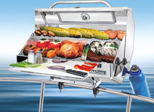 Load image into Gallery viewer, Monterey Infrared grill rail mounted on a boat with grilled steak and vegetables
