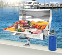 Load image into Gallery viewer, Cabo Rectangular grill mounted on boat with grilled hamburgers and vegetables
