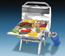 Load image into Gallery viewer, Trailmate Rectangular grill with grilled steak and vegetables on table legs
