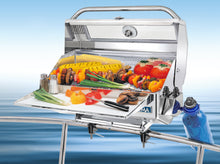 Load image into Gallery viewer, Newport Infrared Rectangular grill mounted on boat with grilled skewers and vegetables

