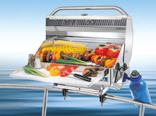 Load image into Gallery viewer, Newport Classic Rectangular grill mounted on boat with grilled skewers and vegetables
