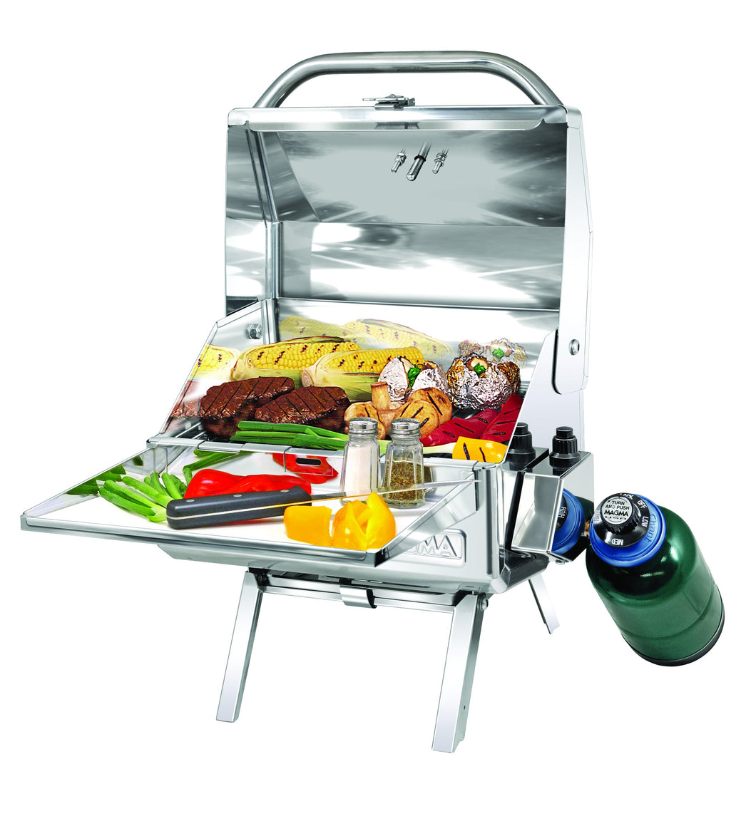 Mesquite Rectangular grill with grilled steak and vegetables on table legs