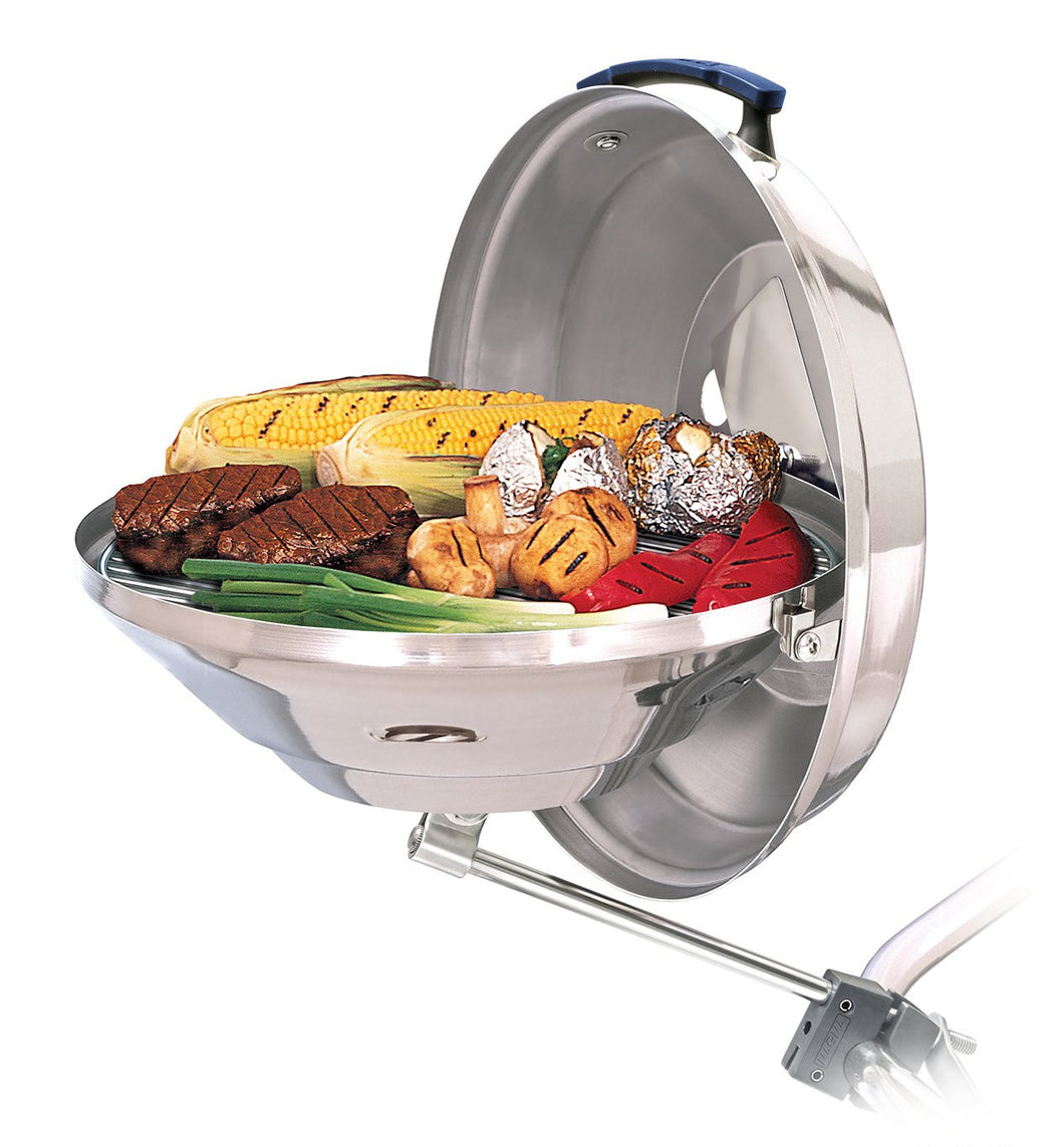 Original Marine Kettle grill rail mounted with grilled saugage and vegetables