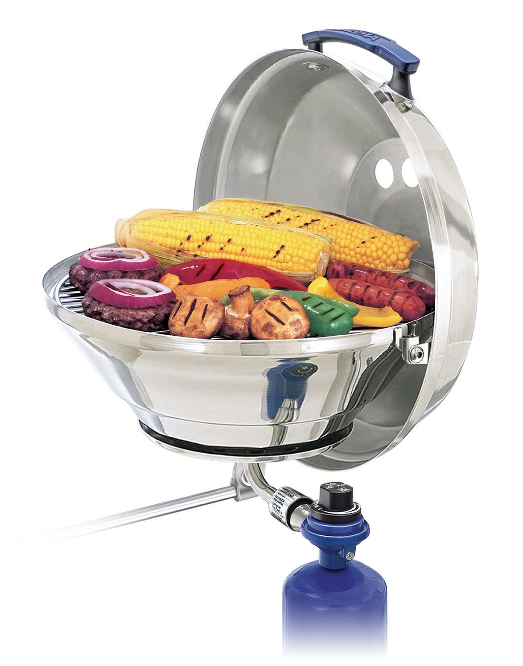 Original Marine Kettle grill rail mounted with grilled hamburgers, saugsages and vegetables