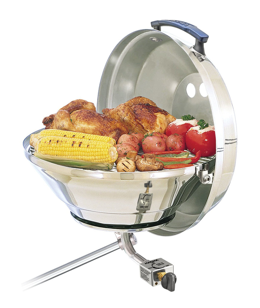 Original Marine Kettle grill rail mounted with grilled hamburgers, saugsages and vegetables