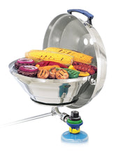 Load image into Gallery viewer, Original Marine Kettle grill rail mounted with grilled hamburgers, saugsages and vegetables
