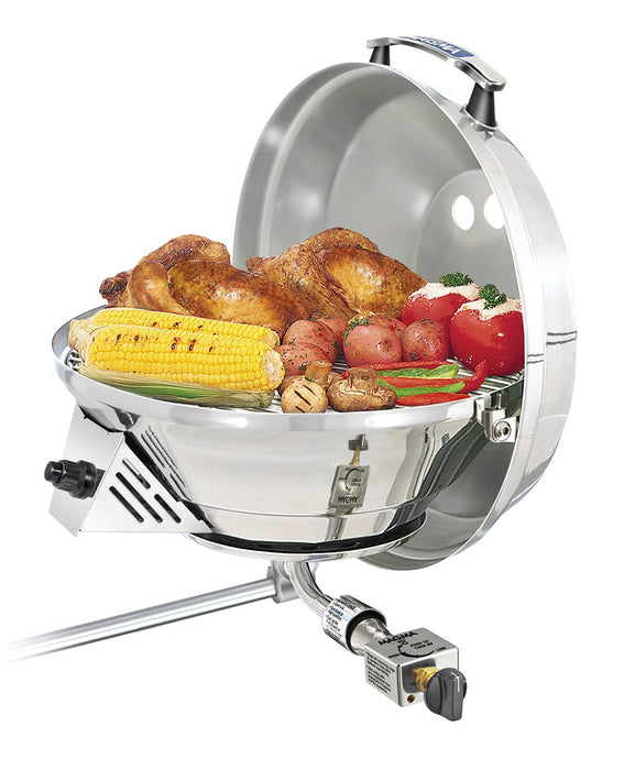 Original Marine Kettle grill and stove rail mounted with grilled chicken and vegetables