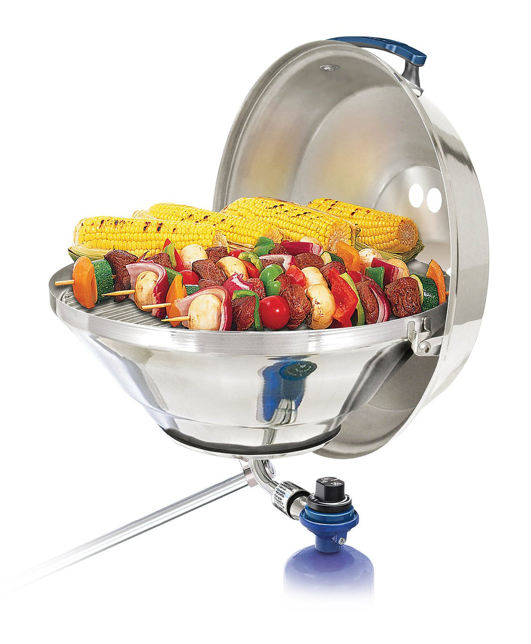 Party size marine Kettle grill rail mounted with grilled skewers and corn