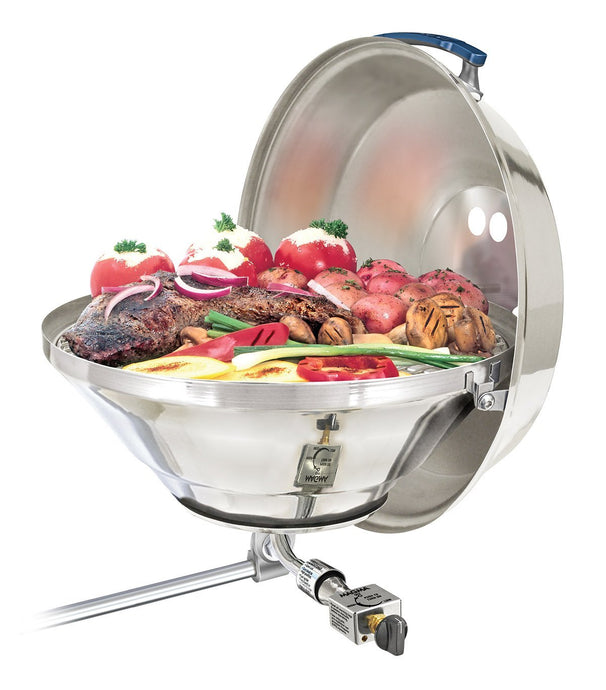 Party size marine Kettle grill rail mounted with grilled skewers and corn