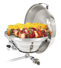 Load image into Gallery viewer, Party size marine Kettle grill rail mounted with grilled skewers and corn
